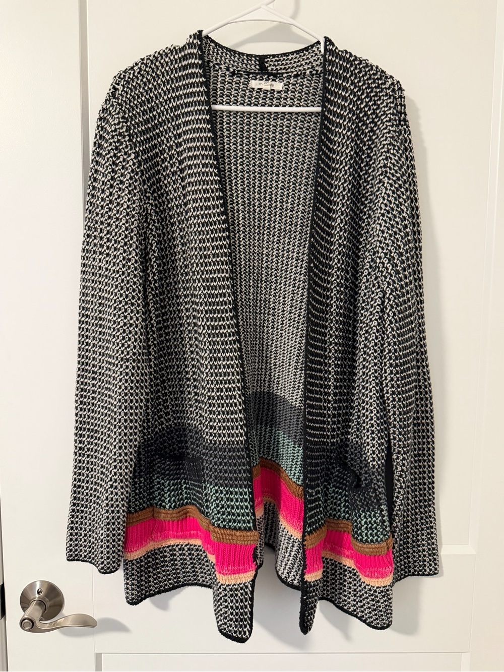 Maurices Black & White Open Knit Cardigan with Pink and Teal Stripes